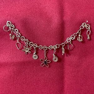 Silver Handmade Artisan Charm Bracelet, 7" With Hook Clasp.